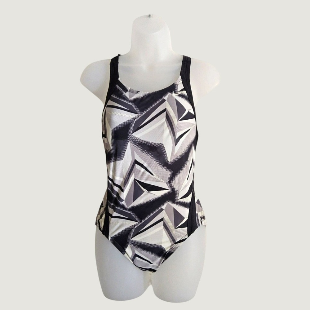 Nike Womens Geometric Shards Print Crossback One Piece Swimsuit Black Grey White